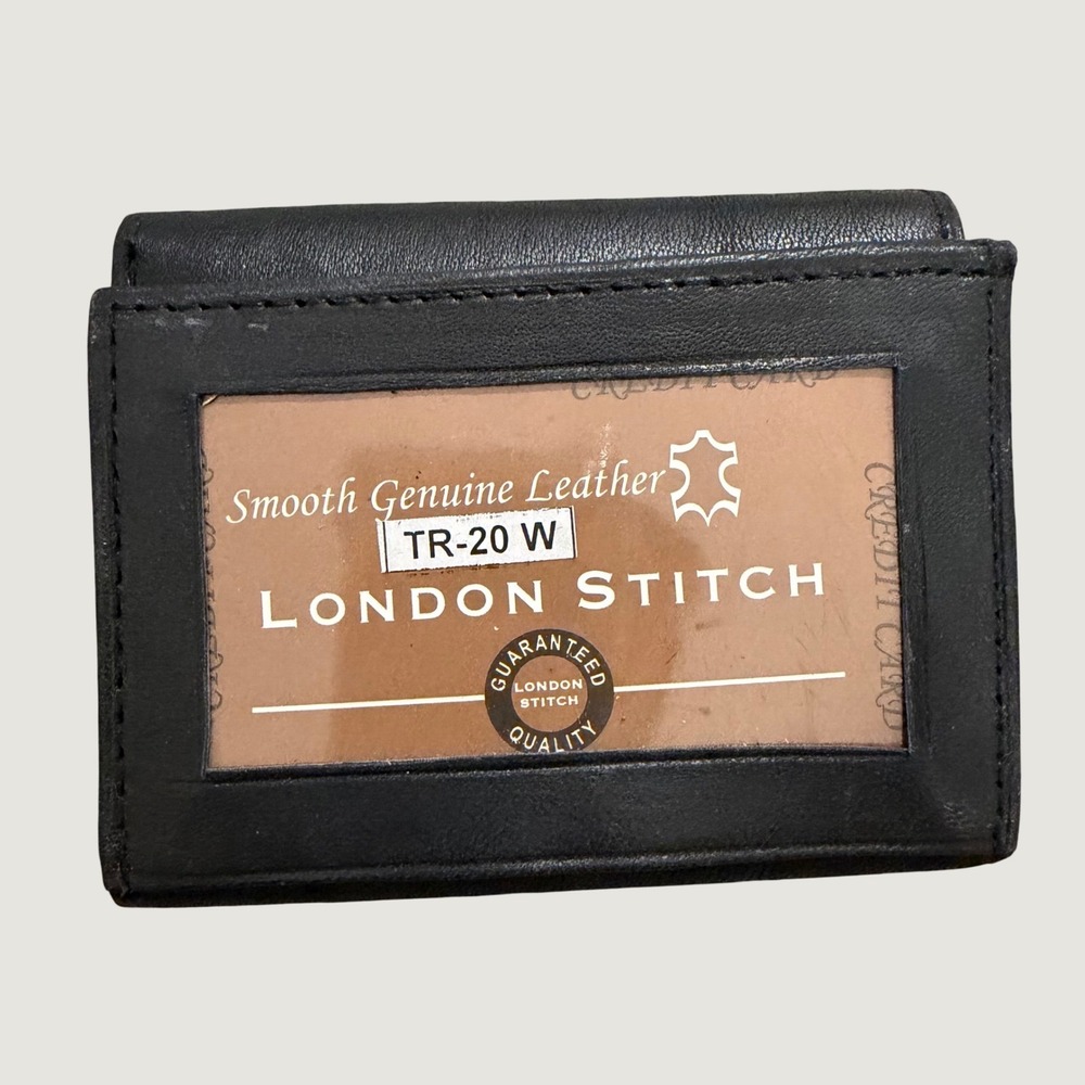 London Stitch Trifold Wallet OS ID Window Smooth Leather Classic Black